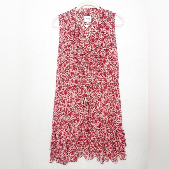 MISA Los Angeles Eba Rust White Floral Ruffle Sleeveless Mini Dress Size Large - Picture 4 of 12